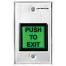 SECO-LARM - SD-7202GC-PEQ - Illuminated green 2" square "PUSH-TO-EXIT" button. Can replace with included "PRESIONE PARA SALIR" message. SPDT switch, 10A@125~250VAC. Stainless-steel single-gang plate. ETL Listed. Conforms to UL Std. 294