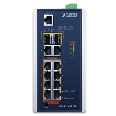 Planet - IGS-4215-8P2T2S - Industrial 8-Port 10/100/1000T 802.3at PoE + 2-Port 10/100/100T + 2-Port 100/1000X SFP Managed