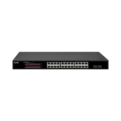 AVYCON - AVN-S24-2P24W400G - 24 Port Network Unmanaged Switch with 24 PoE/PoE+ Gigabit Ports with 2 SFP Ports, Total PoE Budget of 370W, Rack mountable (included)