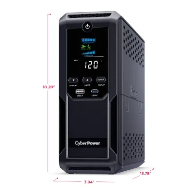 CYBERPOWER - CP1350AVRLCD3 - 1350VA/815W Line Interactive UPS, Mini-tower, 12 Outlets, AVR, LCD, USB Charging, 3 Yr Warranty