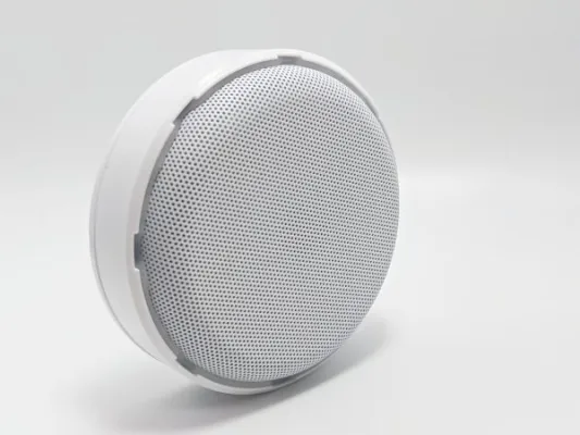 Hanwha - HNW-SS-800 - Line level ceiling mounted microphone. Omni-Directional pickup with 12’ radius/24’ diameter. 12Vdc power required @20mA. 30Hz-15kHz. 2.2kΩ Output Impedance, 60dB SNR, 3 1/8”D x 1’H