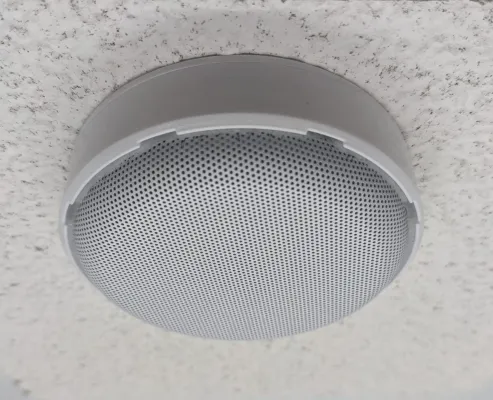 Hanwha - HNW-SS-800 - Line level ceiling mounted microphone. Omni-Directional pickup with 12’ radius/24’ diameter. 12Vdc power required @20mA. 30Hz-15kHz. 2.2kΩ Output Impedance, 60dB SNR, 3 1/8”D x 1’H