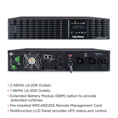 CYBERPOWER - OL3000RTXL2UHVN - 3000VA/2700W, 0.9PF, Pure Sine Wave, 2U, NEMA L6-20P, 10 ft cord, 2 NEMA L6-20R, 1 NEMA L6-30R, USB, Serial, RMCARD205 pre-installed, Relay, EPO, PowerPanel Business Edition software, 3 year warranty