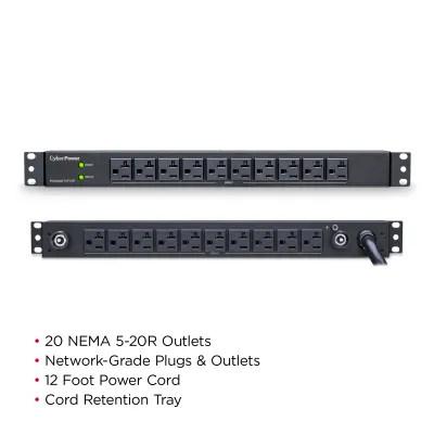 Cyber Power - PDU30BT10F10R - 30A (Derated to 24A), 120 V, 50Hz/60Hz, NEMA L5-30P plug, 20 NEMA 5-20R, 1U Rackmount, 12 ft cord