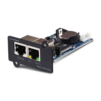 CYBERPOWER - RMCARD205 - Remotely manage, monitor and control UPS & ATS PDU with a web browser (HTTP/HTTPS) or NMS (SNMPv1/v3). Event notifications via email, SMMP traps, Syslog and user upgradeable firmware. Includes port for connecting Environmenta