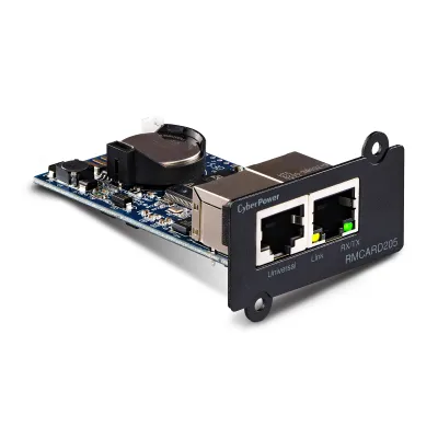 CYBERPOWER - RMCARD205 - Remotely manage, monitor and control UPS & ATS PDU with a web browser (HTTP/HTTPS) or NMS (SNMPv1/v3). Event notifications via email, SMMP traps, Syslog and user upgradeable firmware. Includes port for connecting Environmenta