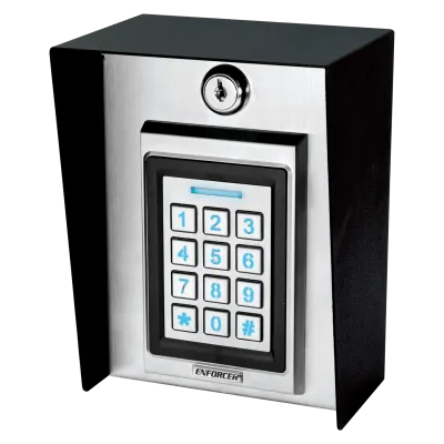 SECO-LARM - SK-B941-PQ - Post-Mount Bluetooth Keypad with Proximity Reader. Metal enclosure with hinged face plate for easy access to terminal block. 9-25VDC, one Form-C relay output, 1,000 users, audit trail.