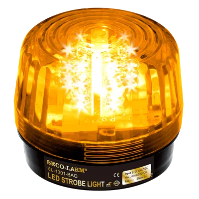 SECO-LARM - SL-1301-BAQ/A - 9~24 VAC/VDC LED Strobe Light. Incorporates 32 LEDs. 50,000-Hour operating life. 8 different flash patterns. Adjustable flashing speed. Indoor/outdoor use. Amber lens.