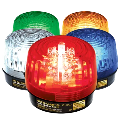 SECO-LARM - SL-1301-BAQ/G - 9~24 VAC/VDC LED Strobe Light. Incorporates 32 LEDs. 50,000-Hour operating life. 8 different flash patterns. Adjustable flashing speed. Indoor/outdoor use. Green lens.
