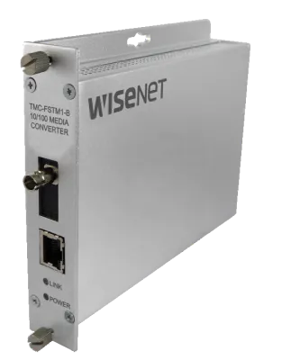 Hanwha - TMC-FSTS1-B - Hardened media fiber converter (B), cage mountable, 100mbps, ST connector, single-mode, 1 fiber, power supply included, TMC-FSTS1ACM-A or TMC-FSTS1PoEM-A required to work as a pair