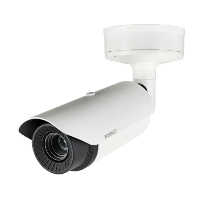 Hanwha - TNO-4040TR - Wisenet T network outdoor vandal Radiometric bullet camera (uncooled), 640x480 @ 30fps, 19mm fixed focal lens (32°), triple codec H.265/H.264/MJPEG with Wisestream II, built-in SD card slot (1x256GB), advanced video analytics an