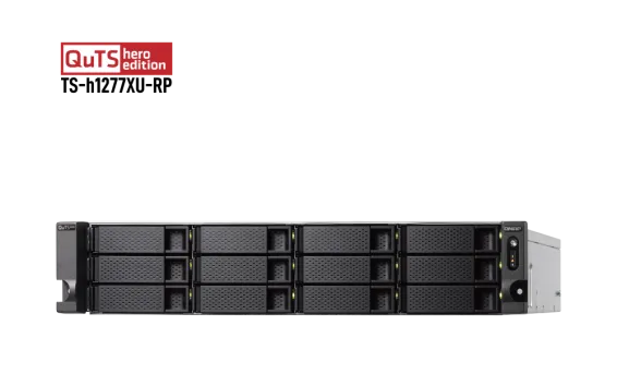 QNAP - TS-h1277XU-RP-3700X-32G-US - QNAP 2U 12-Bay QTS hero NAS, AMD Ryzen 7 3700X 8-core/16-thread 3.4 GHz processor, 128GB DDR4 RAM (max 128GB RAM), 12x 2.5"/3.5" SATA HDD/SSD, 2xGbE LAN, 2 x 10GbE SFP+, 2 x 10GBase-T, USB. 3.1/3.0,  4 x PCIe expansion