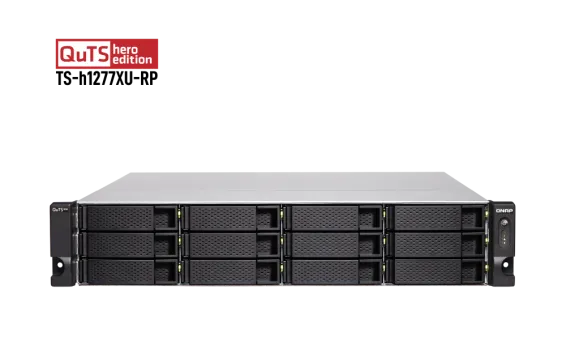 QNAP - TS-h1277XU-RP-3700X-32G-US - QNAP 2U 12-Bay QTS hero NAS, AMD Ryzen 7 3700X 8-core/16-thread 3.4 GHz processor, 128GB DDR4 RAM (max 128GB RAM), 12x 2.5"/3.5" SATA HDD/SSD, 2xGbE LAN, 2 x 10GbE SFP+, 2 x 10GBase-T, USB. 3.1/3.0,  4 x PCIe expansion