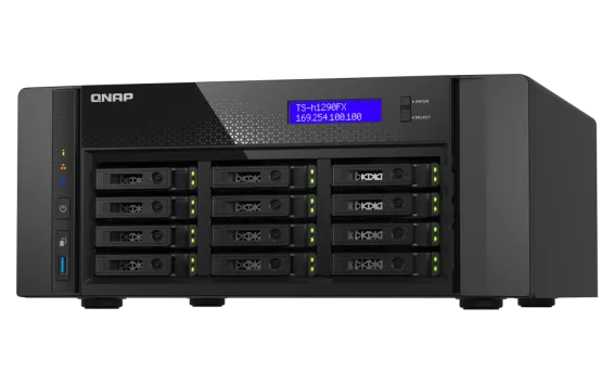 QNAP - TS-h1290FX-7232P-64G-US - QNAP 12-Bay all-flash desktop NAS, AMD EPYC 7232P (up to 3.2GHz), 12 x 2.5" U.2 NVMe/SATA SSD bays, 64GB ECC RAM, 2 x 2.5GbE, 2 x 25GbE SFP28, PCIe Gen4 Expansion Slots