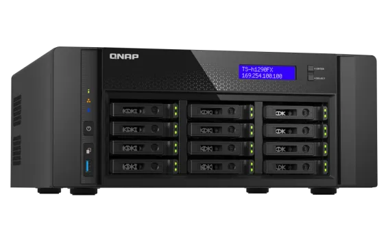 QNAP - TS-h1290FX-7302P-128G-US - QNAP 12-Bay all-flash desktop NAS, AMD EPYC 7302P (up to 3.2GHz), 12 x 2.5" U.2 NVMe/SATA SSD bays, 128GB ECC RAM, 2 x 2.5GbE, 2 x 25GbE SFP28, PCIe Gen4 Expansion Slots