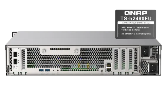 QNAP - TS-h2490FU-7232P-64G-US - QNAP 24-Bay all-flash NAS, NVMe Gen3 x4, AMD EPYC 7232P 3.1GHz, 64GB  RAM, 2 x 2.5GbE LAN, 2 x 25GbE SFP28, iSCSI, RAID 0,1, 5, 6, 10, 5+spare, 6+spare, 10+spare, global hot spare,  PCIe expansion slot x5