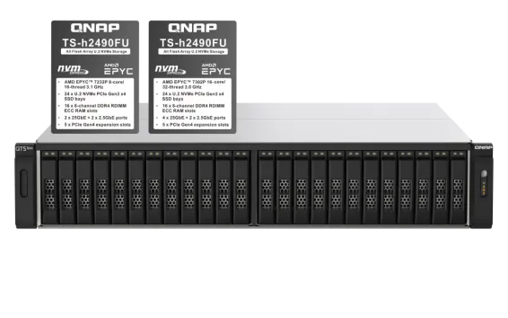 QNAP - TS-h2490FU-7302P-256G-US - QNAP 24-Bay all-flash NAS, NVMe Gen3 x4, AMD EPYC 7302P 3.0GHz, 256GB RDIMM ECCC DDR4 RAM, 2 x 2.5GbE LAN, 4 x 25GbE SFP28, iSCSI, RAID 0,1, 5, 6, 10, 5+spare, 6+spare, 10+spare, global hot spare,  PCIe expansion slot x5 