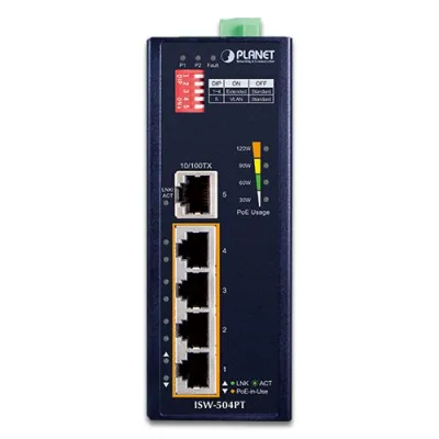 Planet - ISW-504PT - IP40 4-Port 10/100TX 802.3at PoE + 1-Port 10/100TX Industrial Fast Ethernet Switch
