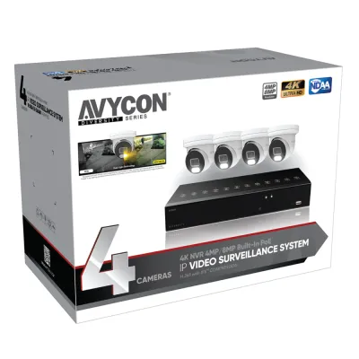 AVYCON - AVK-NB81E4-1T - 8MP Diversity InfiniteColor 8MP IP Kit with 4 of 8MP IP InfiniteColor Turret Cameras and 4CH PoE 4K NVR with 1TB HDD pre-installed, contains AVC-NBE81F28 (4 QTY) and AVR-NSV04P4-1T (1 QTY)