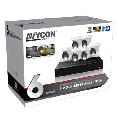 AVYCON - AVK-NB81E6-2T - 8MP Diversity InfiniteColor 8MP IP Kit with 6 of 8MP IP InfiniteColor Turret Cameras and 8CH PoE 4K NVR with 2TB HDD pre-installed, contains AVC-NBE81F28 (6 QTY) and AVR-NSV08P8-2T (1 QTY)