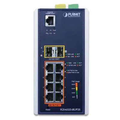 Planet - IGS-6325-8UP2S - Industrial L3 8-Port 10/100/1000T 802.3bt PoE + 2-Port 100/1000X SFP Managed Ethernet Switch