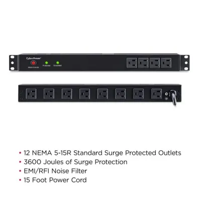 Cyber Power - RKBS15S4F8R - 3600 J, 120 V, NEMA 5-15P plug, 12 NEMA 5-15R (4 front, 8 rear), 15 ft cord, Limited Lifetime Warranty