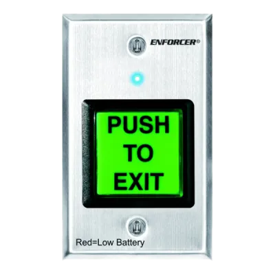 SECO-LARM - SD-8202GT-PEQ - Illuminated green 2" square "PUSH TO EXIT" button with built-in RF transmitter. Use with SECO-LARM 315MHz receivers. 9VDC Battery (included) operation with LED to indicate low battery. Stainless-steel single-gang plate.