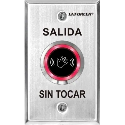 SECO-LARM - SD-9263-KS1Q - Outdoor single-gang No-Touch Sensor with Spanish message. Adjustable sensing range and relay trigger duration. "SALIDA SIN TOCAR" printed on plate.