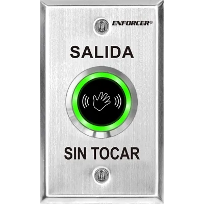 SECO-LARM - SD-9263-KS1Q - Outdoor single-gang No-Touch Sensor with Spanish message. Adjustable sensing range and relay trigger duration. "SALIDA SIN TOCAR" printed on plate.