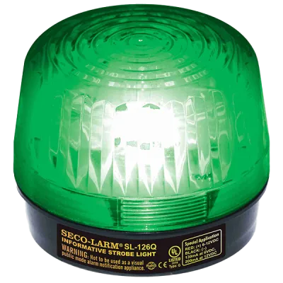 SECO-LARM - SL-126-A24Q/G - 6~24 VDC (2-wire connection) Strobe Light. “U”-Type Xenon tube. 100,000 Candlepower, over 100 flashes/min, 150mA current draw at 24VDC. Green lens.