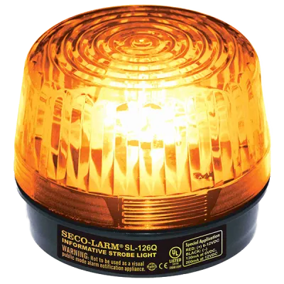 SECO-LARM - SL-126-A24Q/A - 6~24 VDC (2-wire connection) Strobe Light. “U”-Type Xenon tube. 100,000 Candlepower, over 100 flashes/minute, 150mA current draw at 24VDC. Amber lens.